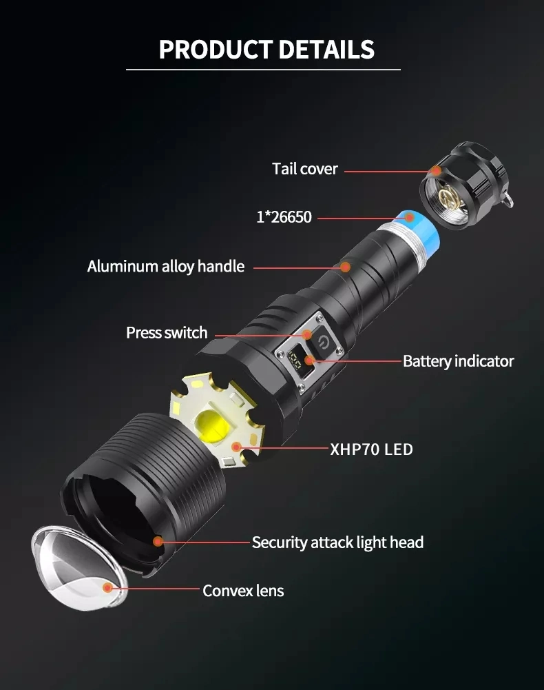 30W Rechargeable Flashlight 1500m Bright 1800 Lumens Xhp70 Powerful USB Tactical LED Flashlight