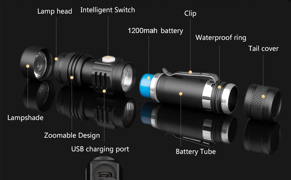 Goldmore 1200lumen USB LED Tactical Flashlight for Rechargeable Zoomable LED Flashlight